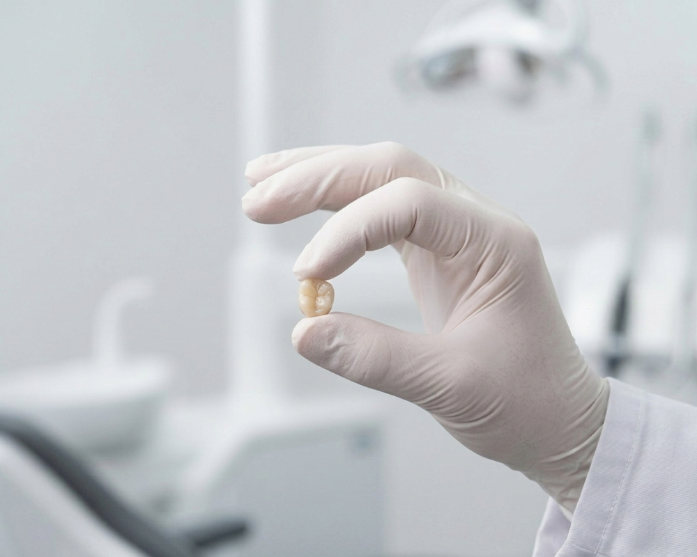 Corona dental de cerámica sostenida por dentista en clínica Serna Dental Valladolid