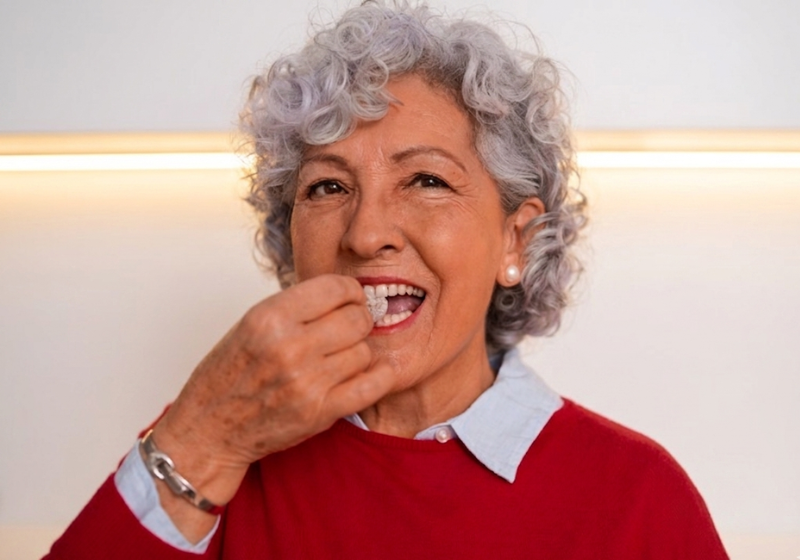 Mujer mayor sonriendo mientras sostiene su dentadura postiza en clínica dental Valladolid